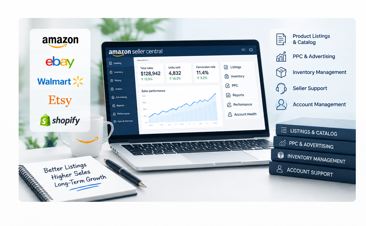 Ecommerce support workspace with marketplace and Amazon Seller Central visuals