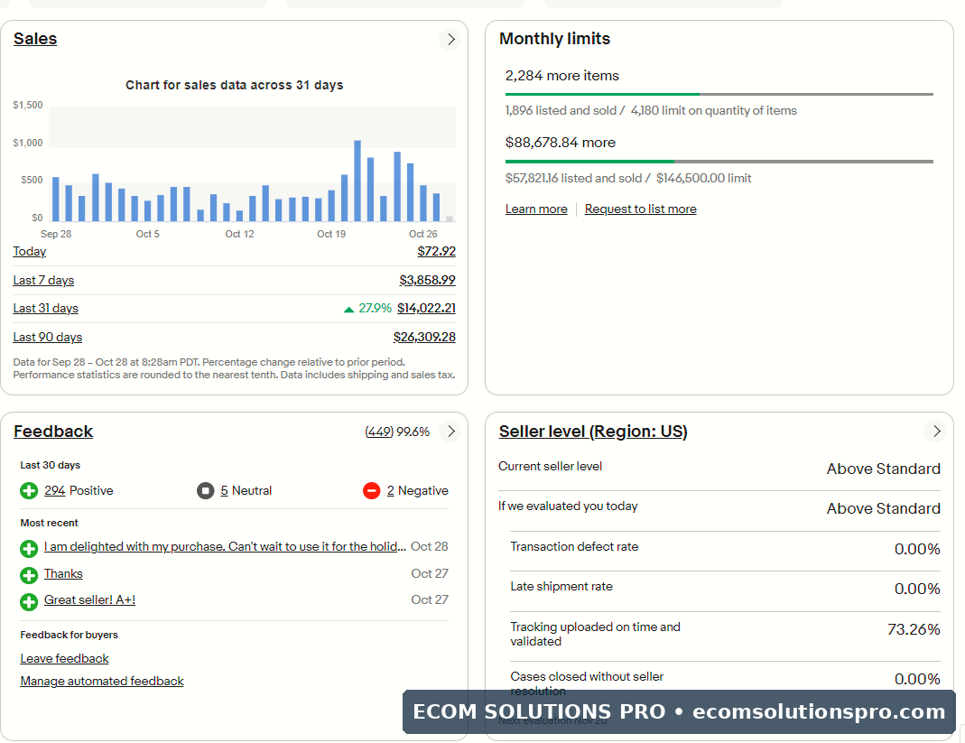 eBay account snapshot showing +27.9% movement, 99.6% positive feedback and Above Standard status.